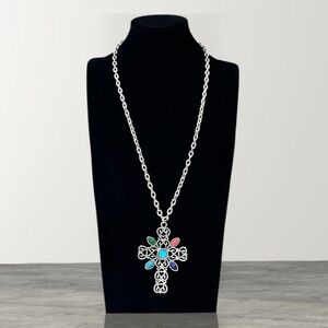 Vintage 1970s Avon Romanesque Cross Necklace Silvertone Multicolor Cabochon